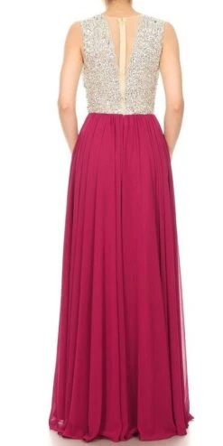 J&J Fashion 3062 Long Formal A-Line Dress With Beaded Bodice(Wine Long Formal A Line Dress With Beaded Bodice) -Dress Promotion Store 3062 jj fashion wine back