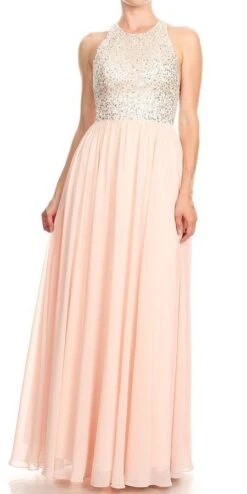 J&J Fashion 3064 Halter Long Prom Dress With Racer Back(Blush Halter Long Prom Dress With Racer Back)