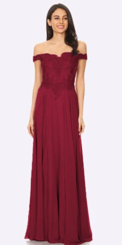 J&J Fashion 3073 Off The Shoulder Formal Dress Floor Length Lace Bodice(Off The Shoulder Mauve Formal Dress Floor Length Lace Bodice) -Dress Promotion Store 3073 jj fashion burgundy
