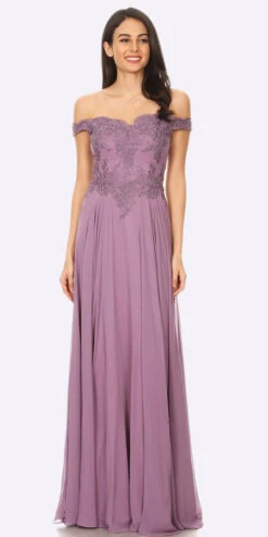 J&J Fashion 3073 Off The Shoulder Formal Dress Floor Length Lace Bodice(Off The Shoulder Mauve Formal Dress Floor Length Lace Bodice)