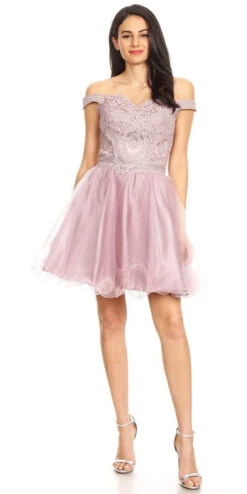 J&J Fashion 3074 Short Off The Shoulder Dress Lace Bodice Organza Skirt Corset(Short Off The Shoulder Mauve Dress Lace Bodice Organza Skirt Corset)