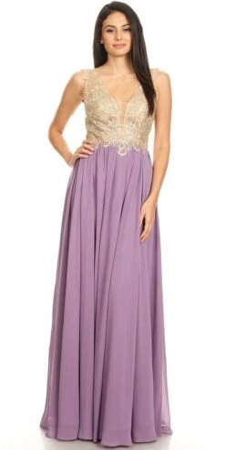 J&J Fashion 3076 Lace-Applique Bodice Long Formal Dress Sleeveless(Mauve Lace Applique Bodice Long Formal Dress Sleeveless)