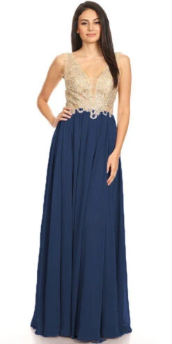 J&J Fashion 3076 Lace-Applique Bodice Long Formal Dress Sleeveless(Mauve Lace Applique Bodice Long Formal Dress Sleeveless) -Dress Promotion Store 3076 jj fashion navy blue