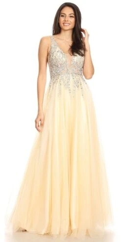 J&J Fashion 3078 Embellished V-Neck Long Prom Dress(Embellished V Neck Long Prom Dress Champagne)