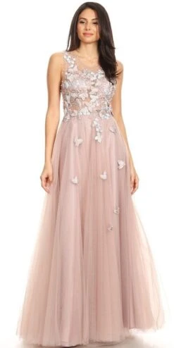 J&J Fashion 3080 Illusion Bodice Appliqued Long Prom Dress(Illusion Bodice Appliqued Mauve Long Prom Dress)