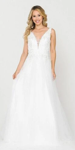 J&J Fashion 3087 Appliqued V-Neck And Back Wedding Dress(Appliqued V Neck And Back Long White Wedding Dress)