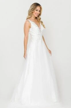 J&J Fashion 3087 Appliqued V-Neck And Back Wedding Dress(Appliqued V Neck And Back Long White Wedding Dress) -Dress Promotion Store 3087 jj fashion white side