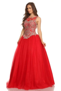 Eureka 3088 Quinceanera Dress Applique Cut-Out Back(Red Quinceanera Dress With Golden Applique Cut Out Back Sleeveless) -Dress Promotion Store 3088 eureka red dress side