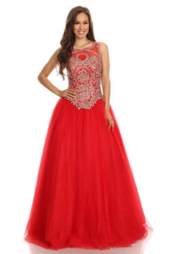 Eureka 3088 Quinceanera Dress Applique Cut-Out Back(Red Quinceanera Dress With Golden Applique Cut Out Back Sleeveless) -Dress Promotion Store 3088 eureka red dress3