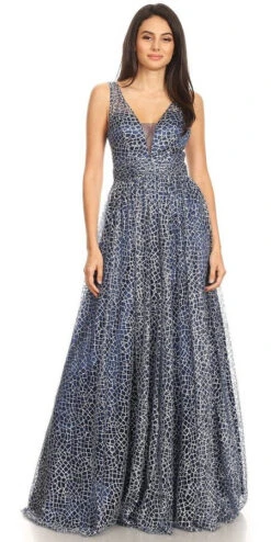 J&J Fashion 3088 V-Neck And Back Glittered Long Prom Dress(V Neck And Back Glittered Long Prom Dress Navy Blue)