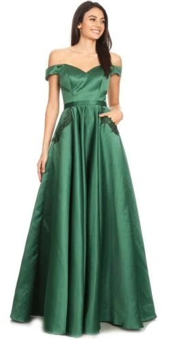 J&J Fashion 3089 Off-Shoulder Long Prom Dress With Pockets(Hunter Green Off Shoulder Long Prom Dress With Pockets)