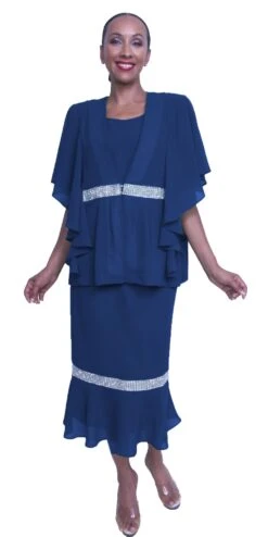 Hosanna 3452 Plus Size 3-Piece Tea Length Dress Mid Length Jacket(Wedding Guest Black Dress Tea Length Mid Length Jacket) -Dress Promotion Store 3452 navy