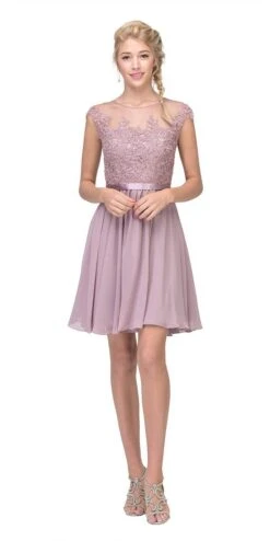 Eureka 3633 Appliqued Bodice A-Line Dress Knee-Length(Appliqued Bodice Wedding Guest A Line Dress Knee Length Mocha)