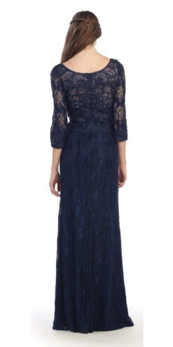 Eureka 3935 Lace Beaded Long Dress Mid Length Sleeve(Navy Blue Lace Beaded Long Formal Dress With Three Quarter Sleeves) 7 Eureka 3935 Lace Beaded Long Dress Mid Length Sleeve(Navy Blue Lace Beaded Long Formal Dress With Three Quarter Sleeves) -Dress Promotion Store 3935 eureka navy blue dress back