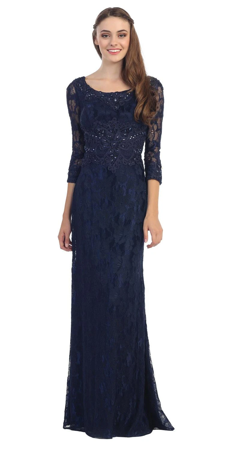 Eureka 3935 Lace Beaded Long Dress Mid Length Sleeve(Navy Blue Lace Beaded Long Formal Dress With Three Quarter Sleeves) 3 Eureka 3935 Lace Beaded Long Dress Mid Length Sleeve(Navy Blue Lace Beaded Long Formal Dress With Three Quarter Sleeves)