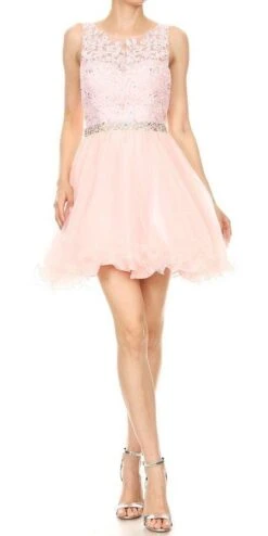 J&J Fashion 4016 Embellished Waist Homecoming Short Dress(Embellished Waist Blush Homecoming Short Dress)