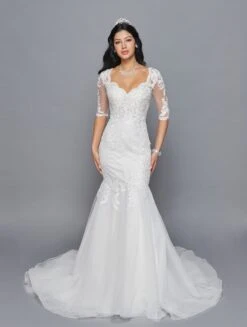 DeKlaire Bridal 418 Mid Length Sleeve V-Neckline Mermaid Court Train Wedding Dress(Lovely La Bridal 418 Mid Length Sleeve V Neckline Mermaid Court Train Wedding Dress Beaded Lace Applique)