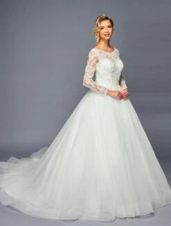 DeKlaire Bridal 471 Long Sleeve Boat Neck A-Line Ballgown Chapel Train Wedding Dress(Deklaire Bridal 471 Long Sleeve Boat Neck A Line Ballgown Chapel Train Wedding Dress)