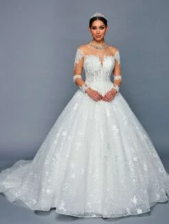DeKlaire Bridal 481 Illusion Boat Neck Sheer Long Sleeve Wedding Ball Gown(Deklaire Bridal 481 Illusion Boat Neck Sheer Long Sleeve Wedding Ball Gown)