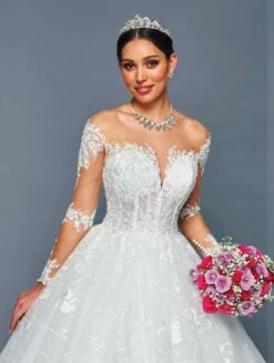 DeKlaire Bridal 481 Illusion Boat Neck Sheer Long Sleeve Wedding Ball Gown(Deklaire Bridal 481 Illusion Boat Neck Sheer Long Sleeve Wedding Ball Gown) -Dress Promotion Store 481 3