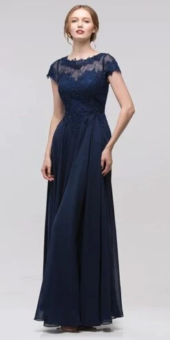 Eureka 4909 Short Sleeves Applique Bodice A-Line Long Dress(Mauve Short Sleeves Applique Bodice A Line Long Formal Dress) -Dress Promotion Store 4909 eureka navy blue 3055b88c ff1e 465c b600 77747bdb7de7