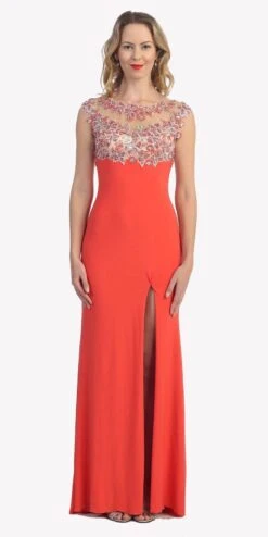 Celavie 5003 Sexy Floor Length Formal Gown Front Slit Open Back(Sexy Floor Length Formal Gown Coral Front Slit Open Back)