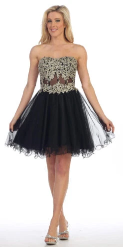 Celavie 5013 Applique Sheer Bodice Strapless Homecoming Dress(Celavie 5013 Applique Sheer Bodice Strapless Homecoming Dress Black)
