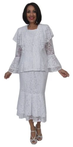Hosanna 5291 Modest Tea Length Lace 3 Piece Dress Set(Hosanna 5291 Modest Tea Length Lace 3 Piece Dress Set White)