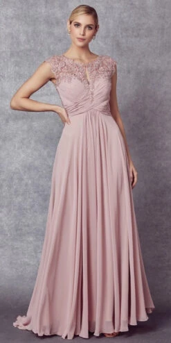 Juliet 585 A-Line Gown Cap Sleeve Empire Waist Full Length(Plus Size Dusty Rose Formal Gown Cap Sleeve Empire Waist Full Length)