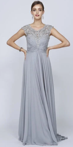 Juliet 585 A-Line Gown Cap Sleeve Empire Waist Full Length(Plus Size Dusty Rose Formal Gown Cap Sleeve Empire Waist Full Length) -Dress Promotion Store 585 juliet gallery silver