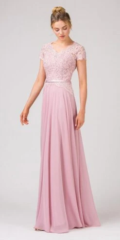Eureka 5909 Lace Bodice A-Line Long Dress Short Sleeves(Lace Bodice A Line Long Formal Dress Short Sleeves Mocha) -Dress Promotion Store 5909 eureka fashion dusty pink