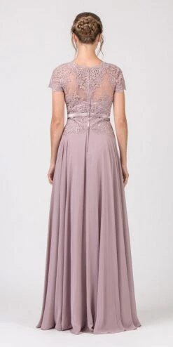 Eureka 5909 Lace Bodice A-Line Long Dress Short Sleeves(Lace Bodice A Line Long Formal Dress Short Sleeves Mocha) -Dress Promotion Store 5909 eureka fashion mocha back
