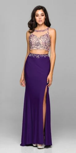 Juliet 595 Sexy Front Slit 2-Piece Dress Beads Illusion Neck(Sexy Front Slit 2 Piece Formal Dress Purple Beads Illusion Neck)
