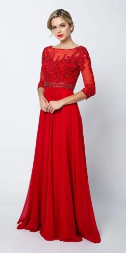 Juliet 600 3/4 Length Sleeve Gown Illusion Neck Embroidery(3 4 Length Sleeve Red Formal Gown Illusion Neck Embroidery)