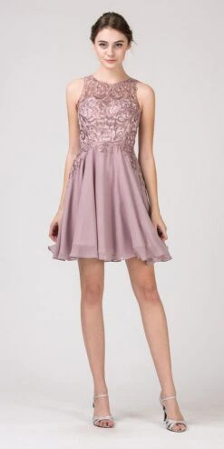 Eureka 6025 Lace Appliqued A-Line Short Dress(Lace Appliqued A Line Homecoming Short Dress Mocha)