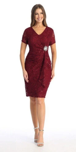 Celavie 6038 Short Sleeved Short Side Gathered Knee Length Dress(Short Sleeved Short Side Gathered Royal Blue Cocktail Dress)