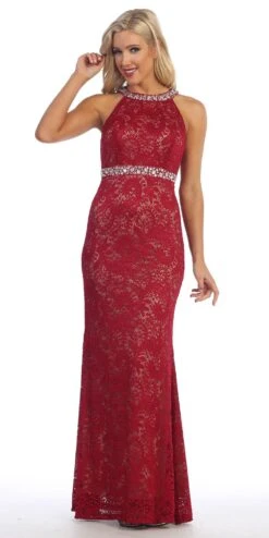 Celavie 6231 Halter Jeweled Neck And Waist Fit And Flare Lace Gown(Halter Jeweled Neck And Waist Fit And Flare Lace Prom Gown Wine Nude)