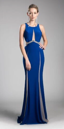 Cinderella Divine 62806 Beaded Waist Cut Out Back Long Dress(Beaded Waist Cut Out Back Long Prom Dress Royal Blue)