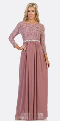 CLEARANCE - Celavie 6305L Three-Quarter Length Lace Sleeve Dress A-line (Size M)(Clearance Celavie 6305l Three Quarter Length Lace Sleeve Dress A Line Size M) -Dress Promotion Store 6305l celavie mauve 1