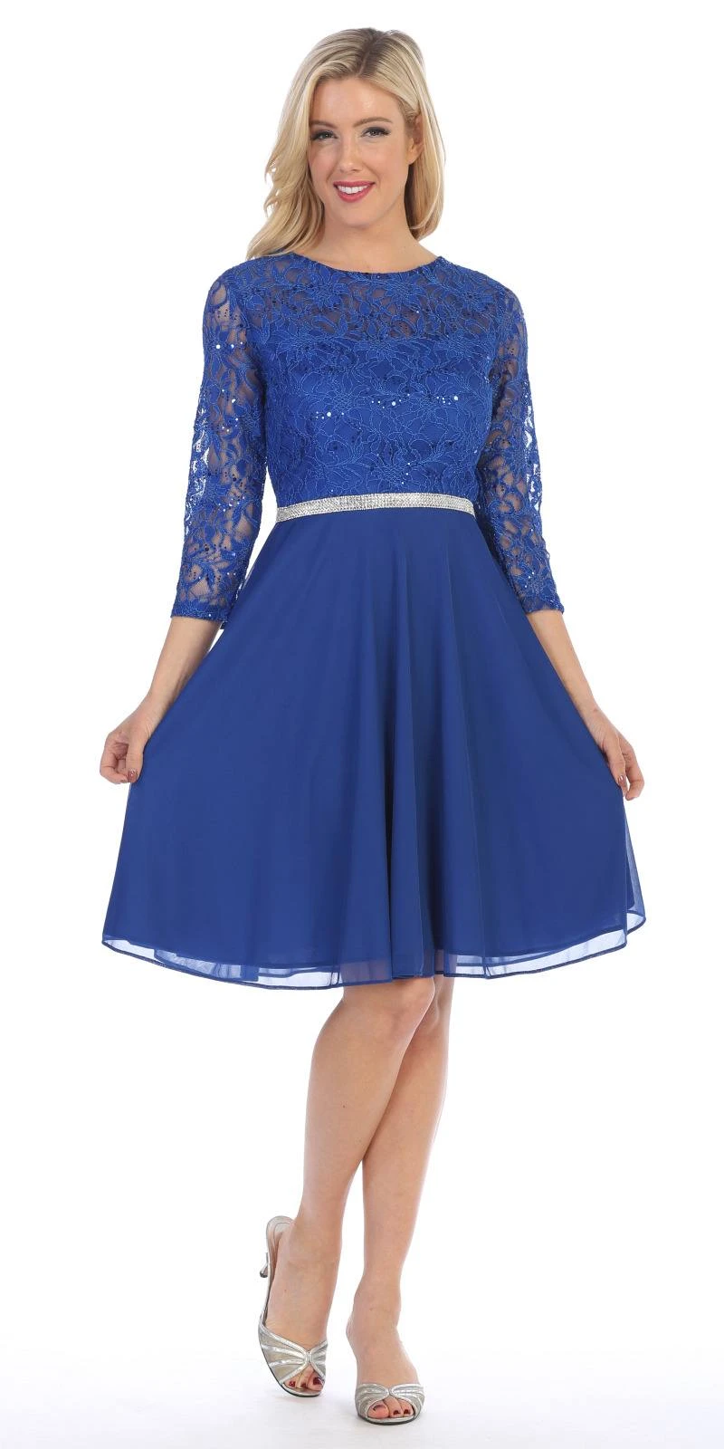 Celavie 6305-S Quarter Sleeves Lace Top A-Line Knee Length Dress(Royal Blue Quarter Sleeves Lace Knee Length Wedding Guest Dress) 16 Celavie 6305-S Quarter Sleeves Lace Top A-Line Knee Length Dress(Royal Blue Quarter Sleeves Lace Knee Length Wedding Guest Dress) - Image 14