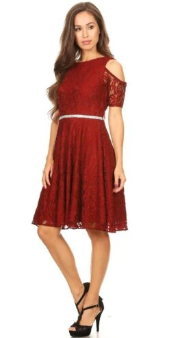 Celavie 6307 Lace A-Line Dress Cold Shoulder Short Sleeves(Burgundy Lace A Line Wedding Guest Dress Cold Shoulder Short Sleeves) -Dress Promotion Store 6307 celavie burgundy left side 79bdfba1 8149 401d ad38 dd886af18b75