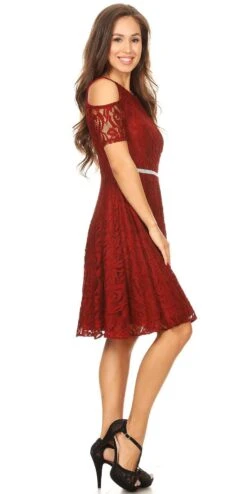 Celavie 6307 Lace A-Line Dress Cold Shoulder Short Sleeves(Burgundy Lace A Line Wedding Guest Dress Cold Shoulder Short Sleeves) -Dress Promotion Store 6307 celavie burgundy right side 403dc26e adc1 41b1 a39b 279afa858c2c