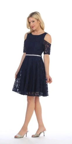 Celavie 6307 Lace A-Line Dress Cold Shoulder Short Sleeves(Burgundy Lace A Line Wedding Guest Dress Cold Shoulder Short Sleeves) -Dress Promotion Store 6307 celavie navy blue left side 81330a19 c305 4276 8985 393b6fad96fb
