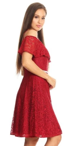 Celavie 6317 Ruffled Off Shoulder Lace A-Line Dress(Ruffled Off Shoulder Lace A Line Wedding Guest Dress Black) -Dress Promotion Store 6317 celavie burgundy side 0299f221 2d23 4366 a480 db8210de1f52