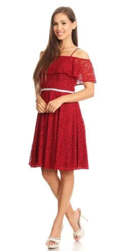 Celavie 6317 Ruffled Off Shoulder Lace A-Line Dress(Ruffled Off Shoulder Lace A Line Wedding Guest Dress Black) -Dress Promotion Store 6317 celavie burgundy v2 f61135e6 a164 41e2 ad9b cf7a8c720751