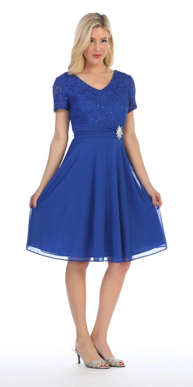Celavie 6320-S Knee Length Dress With Short Sleeves Lace Bodice(Celavie 6320 Knee Length Royal Blue Dress With Short Sleeves Lace Bodice) 11 Celavie 6320-S Knee Length Dress With Short Sleeves Lace Bodice(Celavie 6320 Knee Length Royal Blue Dress With Short Sleeves Lace Bodice) - Image 9