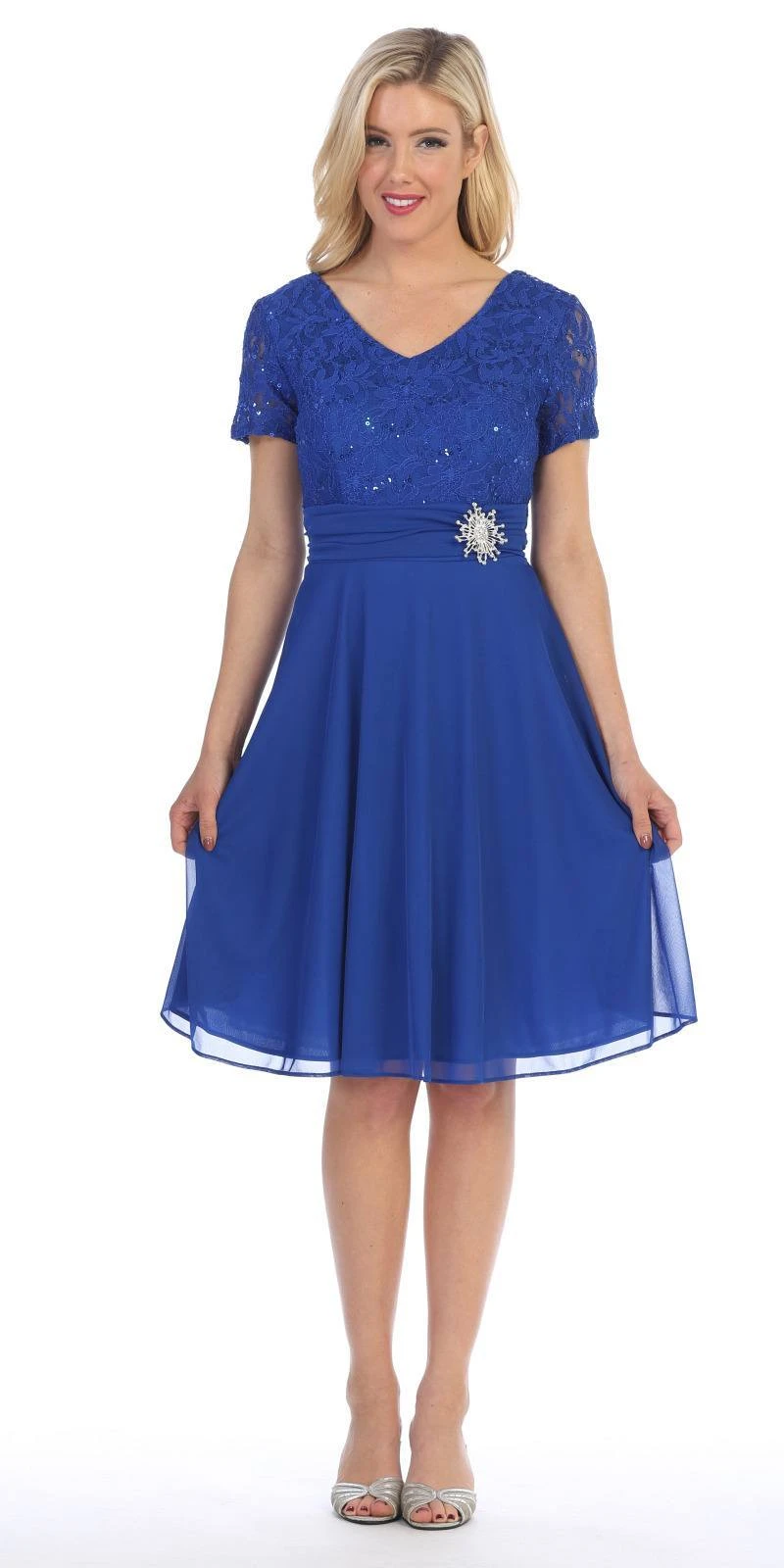 Celavie 6320-S Knee Length Dress With Short Sleeves Lace Bodice(Celavie 6320 Knee Length Royal Blue Dress With Short Sleeves Lace Bodice) 7 Celavie 6320-S Knee Length Dress With Short Sleeves Lace Bodice(Celavie 6320 Knee Length Royal Blue Dress With Short Sleeves Lace Bodice) - Image 5