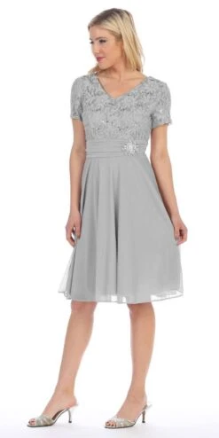 Celavie 6320-S Knee Length Dress With Short Sleeves Lace Bodice(Celavie 6320 Knee Length Royal Blue Dress With Short Sleeves Lace Bodice) 40 Celavie 6320-S Knee Length Dress With Short Sleeves Lace Bodice(Celavie 6320 Knee Length Royal Blue Dress With Short Sleeves Lace Bodice) -Dress Promotion Store 6320 celavie silver