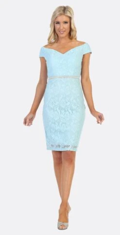 Celavie 6333 Off-the-Shoulder Cocktail Dress Embellished Waist(Baby Blue Off The Shoulder Cocktail Dress Embellished Waist)