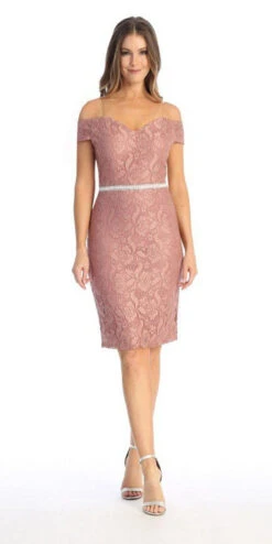 Celavie 6333 Off-the-Shoulder Cocktail Dress Embellished Waist(Baby Blue Off The Shoulder Cocktail Dress Embellished Waist) -Dress Promotion Store 6333 mauve
